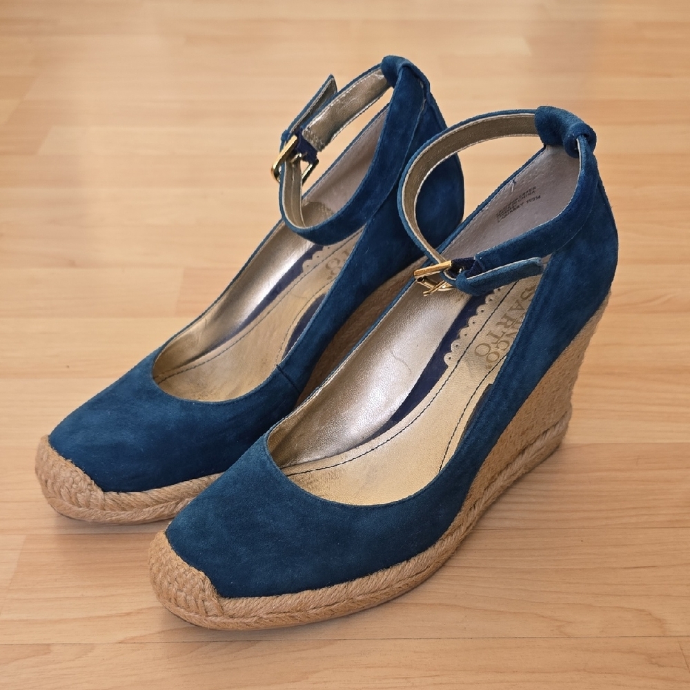Franco Sarto Espadrille Wedge Sandals Blue Suede Leather Ankle Buckle Size 7.5M
